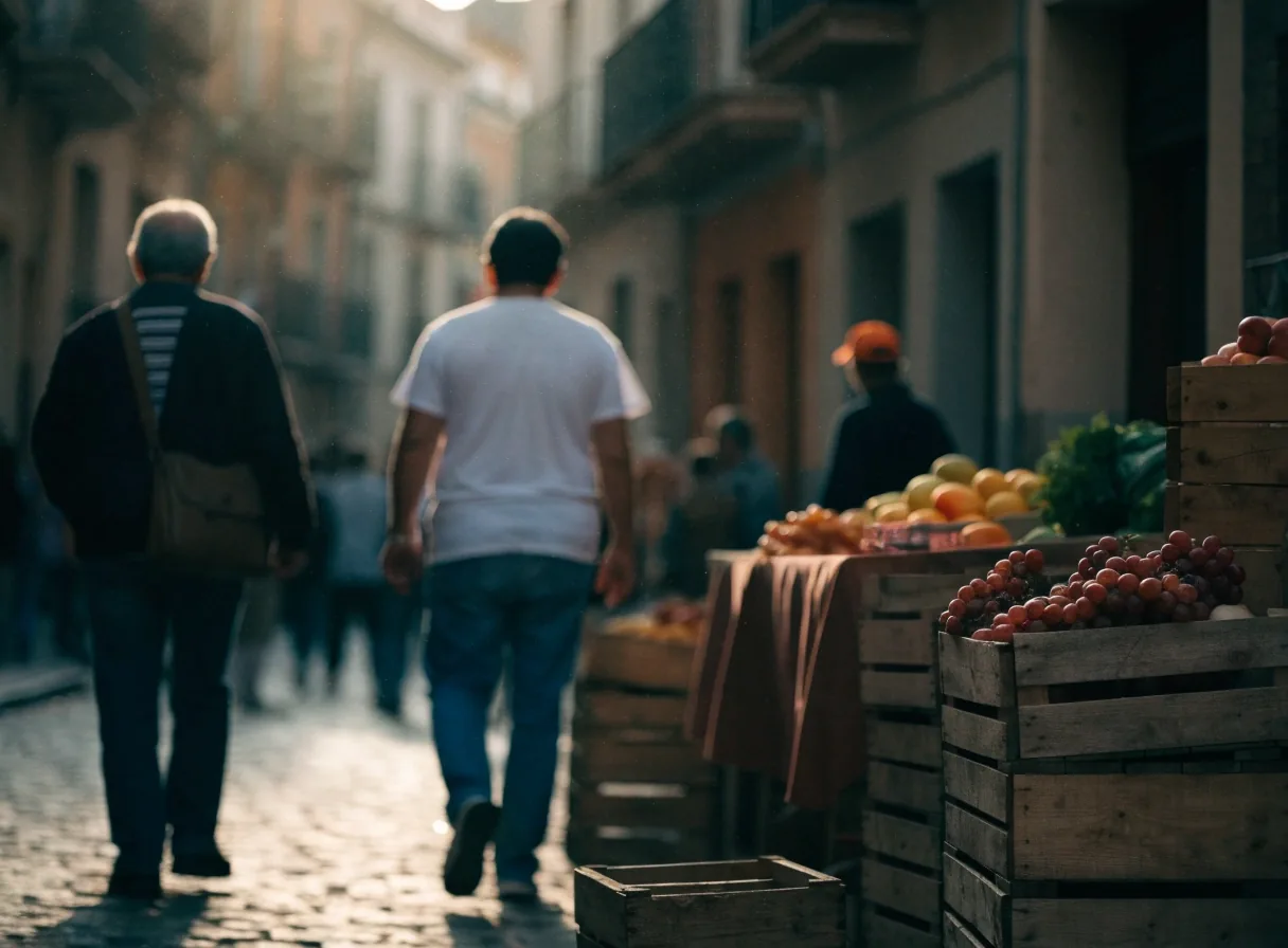 Calle de mercado a primera hora de la mañana con puestos de fruta y compradores de espaldas