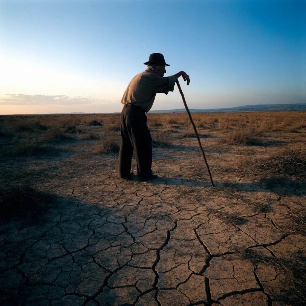 Llanura seca del interior de España bajo luz de mañana con horizonte horizontal y suelo de tierra agrietada