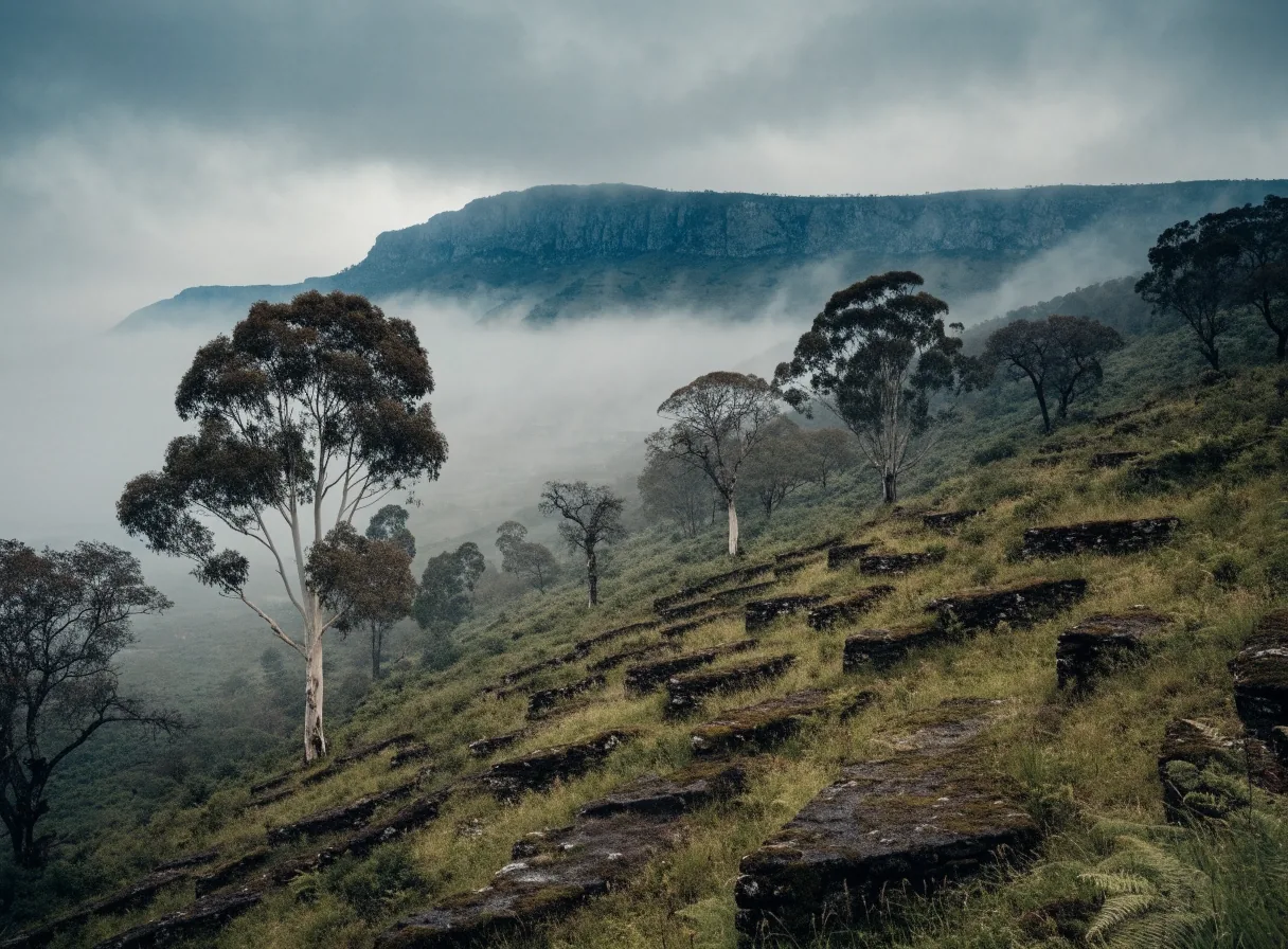 Ladera gallega húmeda con niebla baja, eucaliptos y un muro de piedra seca cruzando la pendiente