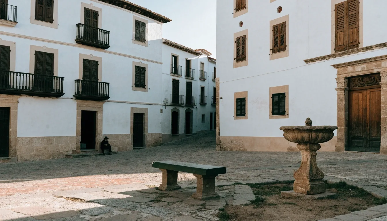 Calle encalada de un pueblo del interior con umbral de piedra y contraventanas de madera