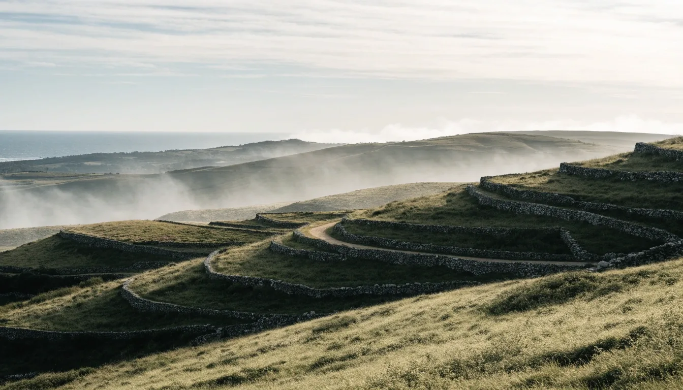 Ladera gallega con eucaliptos y muros de piedra bajo niebla baja